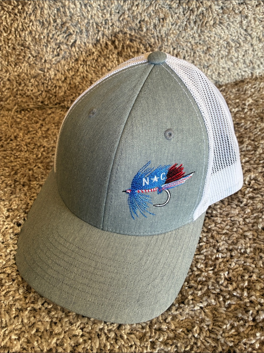 NC Fly Fishing Lure Gray with White Mesh Trucker Cap